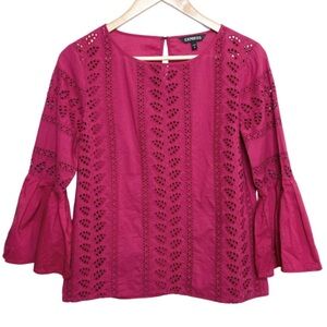 Express Women's Lace Cranberry Red Embroidered Lace Floral Ruffle Sleeve Blouse